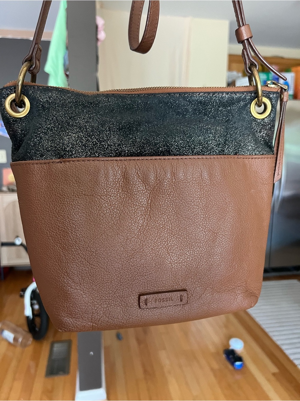 Fossil Brown Leather Crossbody with Black Top Panel